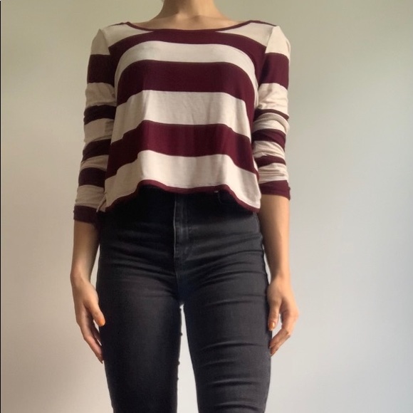 Long sleeve crop top red and cream - Picture 1 of 4